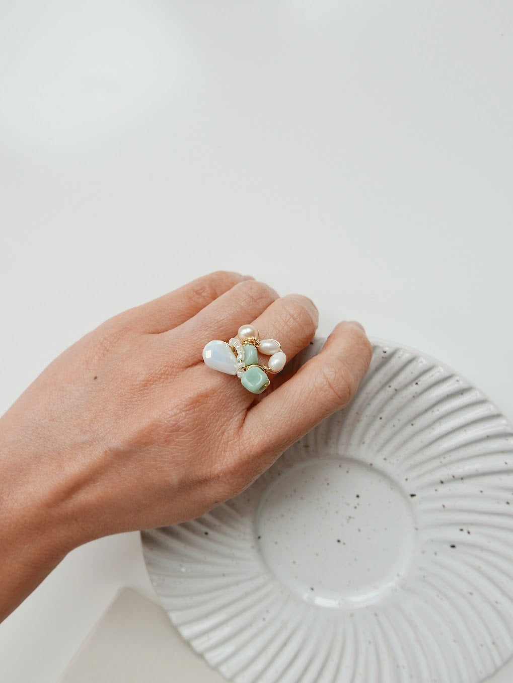 Protected - Baby blue rice pearls ring