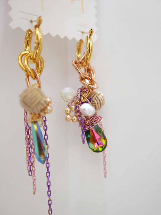 Celebration Green Drops x Purple Pink Chain Earrings