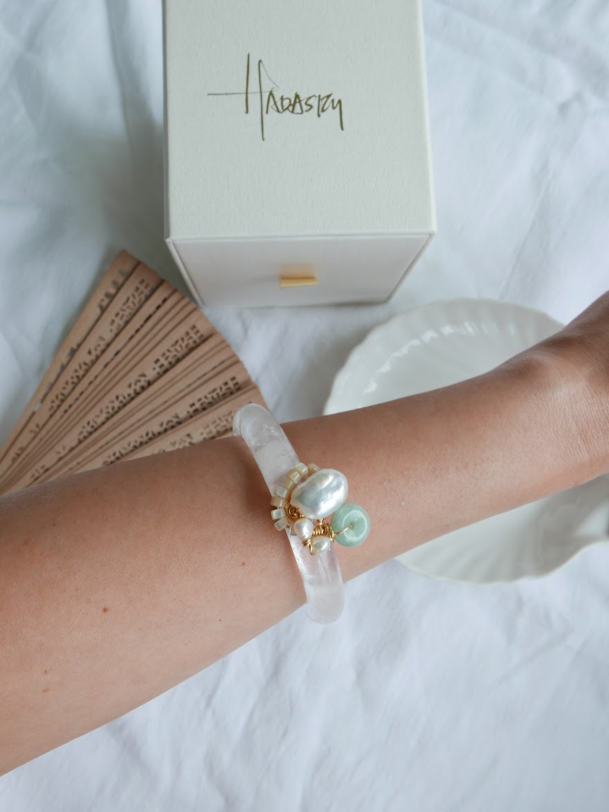 Clear Vision White Quartz Bangle - Keshi Pearls, Jade, Mother of Pearl