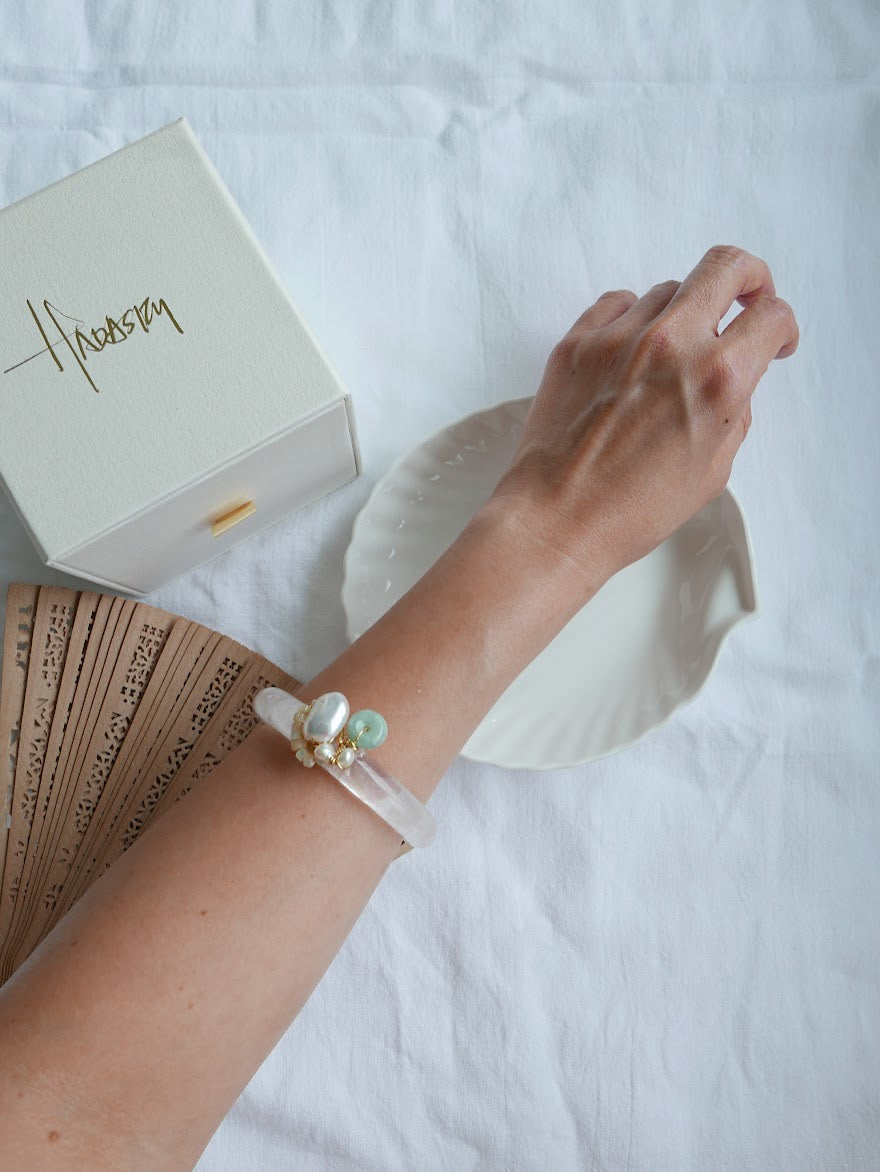 Clear Vision White Quartz Bangle - Keshi Pearls, Jade, Mother of Pearl